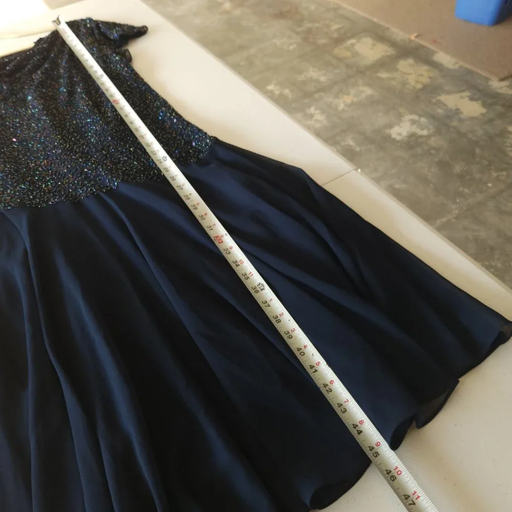 JKARA Chiffon Evening Dress Plus Size 18W Navy Blue, Sequin Bodice - Picture 10 of 12